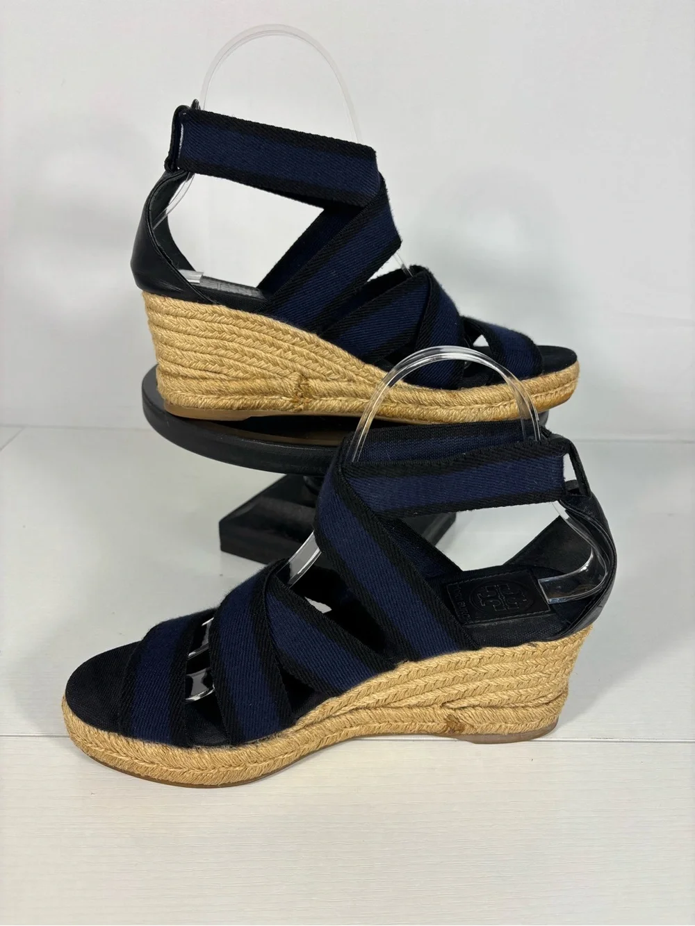 Tory Burch Navy Elastic Espadrille Wedge Sandals Size 7